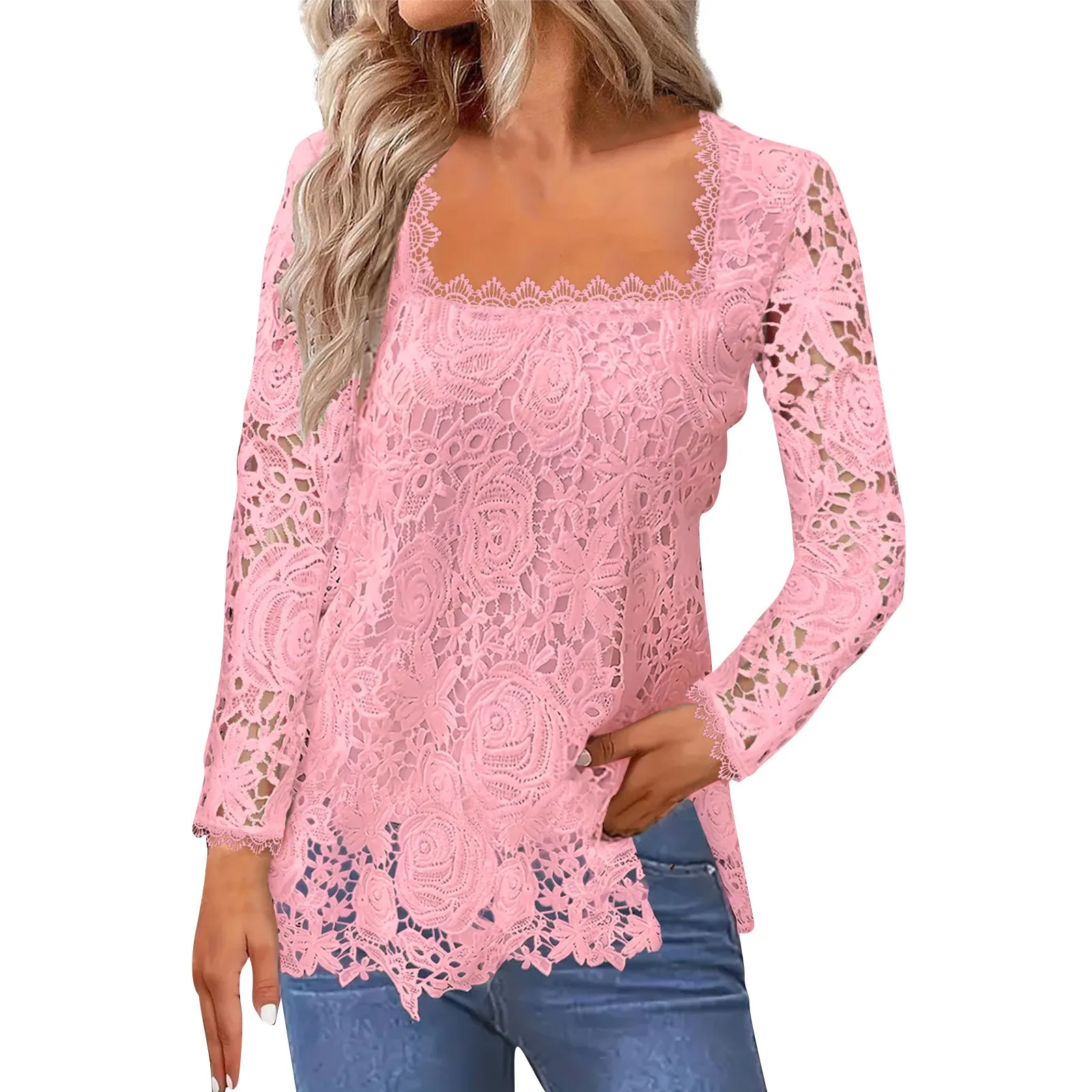

Women'S Fashion Solid Lace Top With Square Neck And Lace Long Sleeves футболки Clothes For Women Ropa Para Mujer одежда
