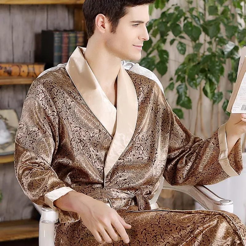 

Luxury Brands Silk Robes Nightgowns Men Big Size Kimono Bathrobe Sleepwear Printed Vintage Loungewear Long Sleeve New