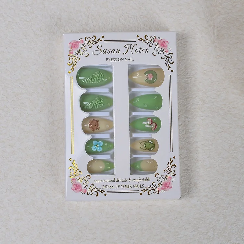24PCS Summer Green Lotus Almond Press on Nails Cute Frog French Fake Nails for Women Fresh Flowers Wearable Manicure with Glue 16 S771ab3e2ac3d46a9b001e0f2b241d24cq