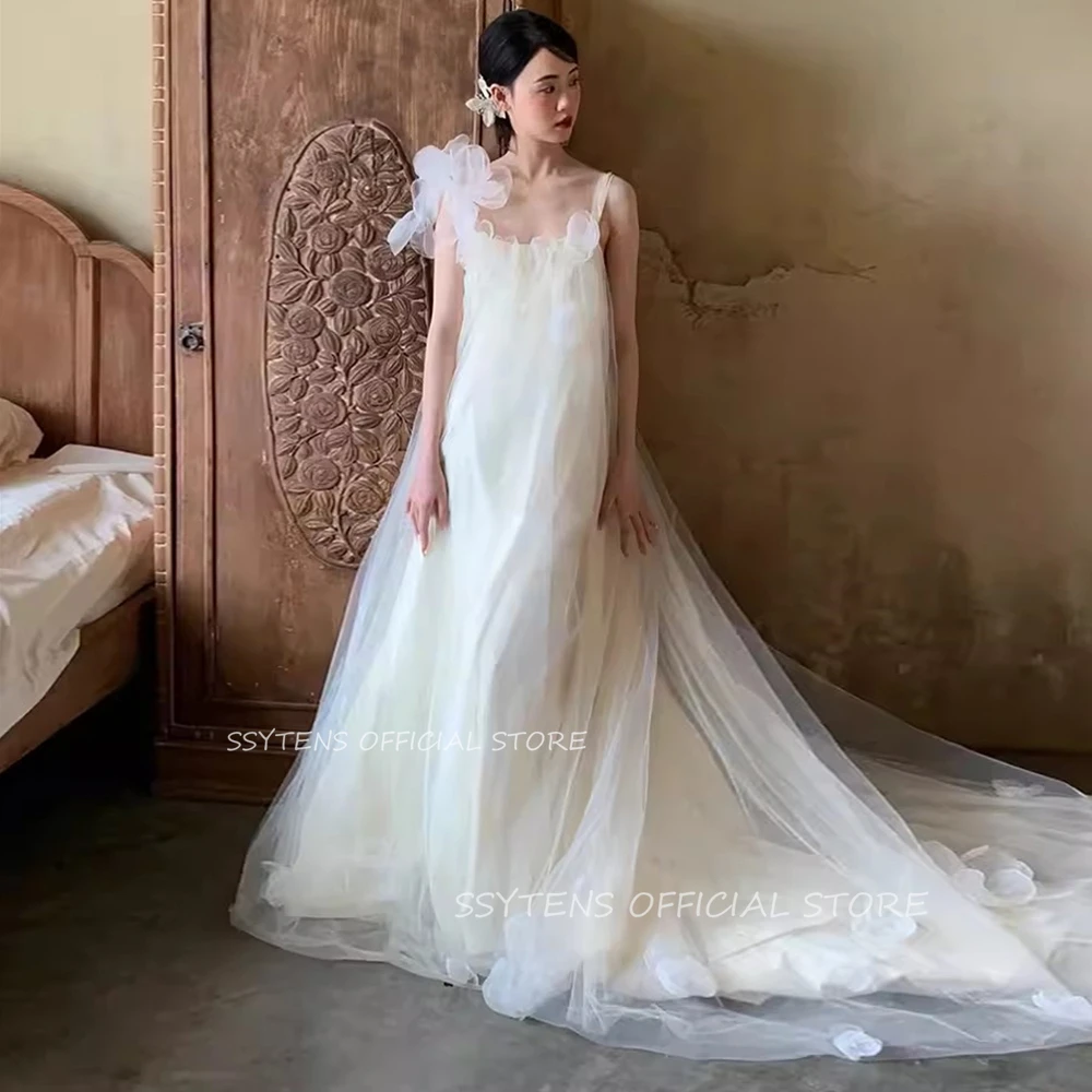 

Fairy Elegant Ivory Korea Wedding Evening Dresses Photoshoot Bride Gown Spaghetti Straps Tulle Prom Gowns Formal Party Dress