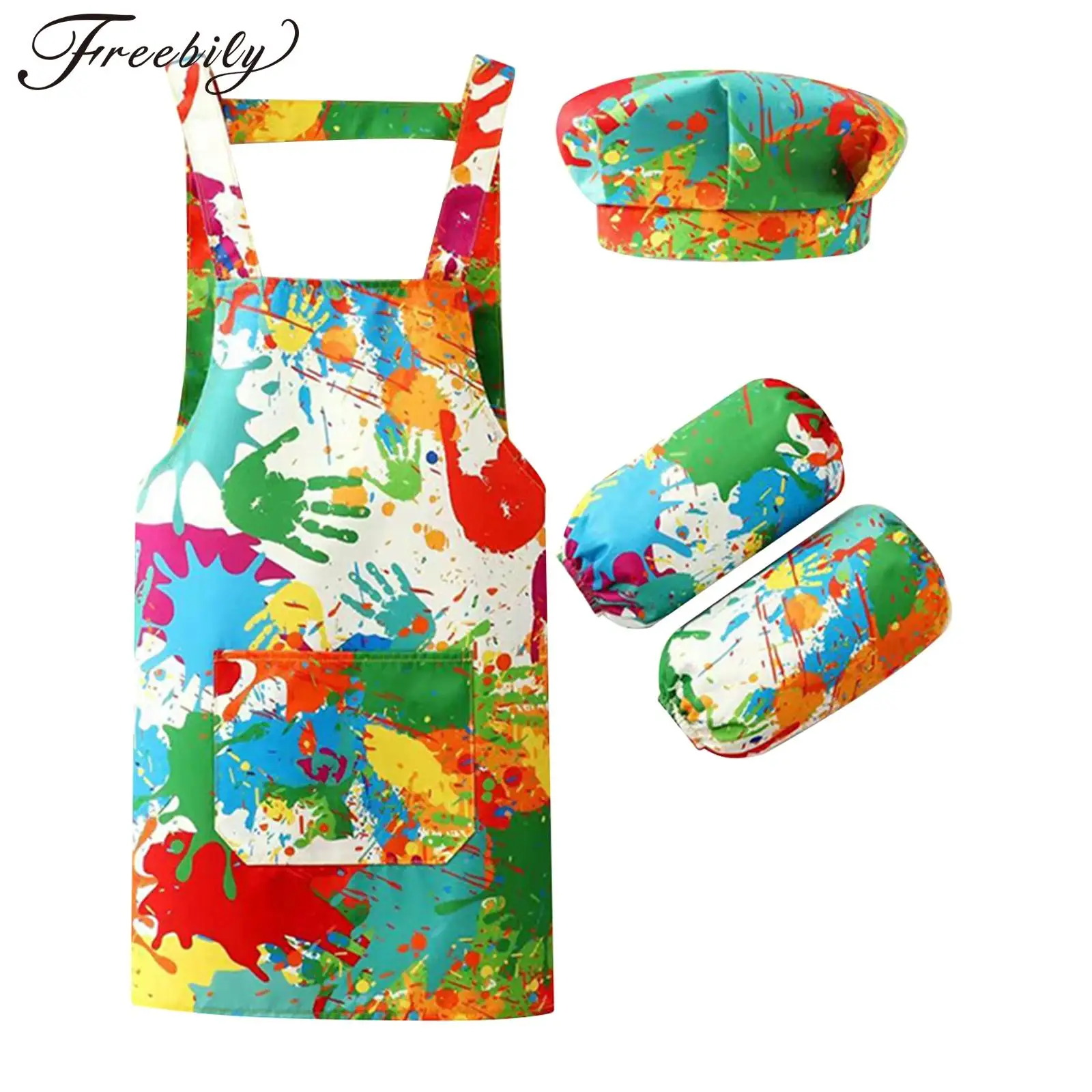 

Kids Boys Girls Waterproof Apron Painter Chef Cosplay Costume Prop Cooking Baking Eating Drawing Cover Bib with Hat Arm Sleeve