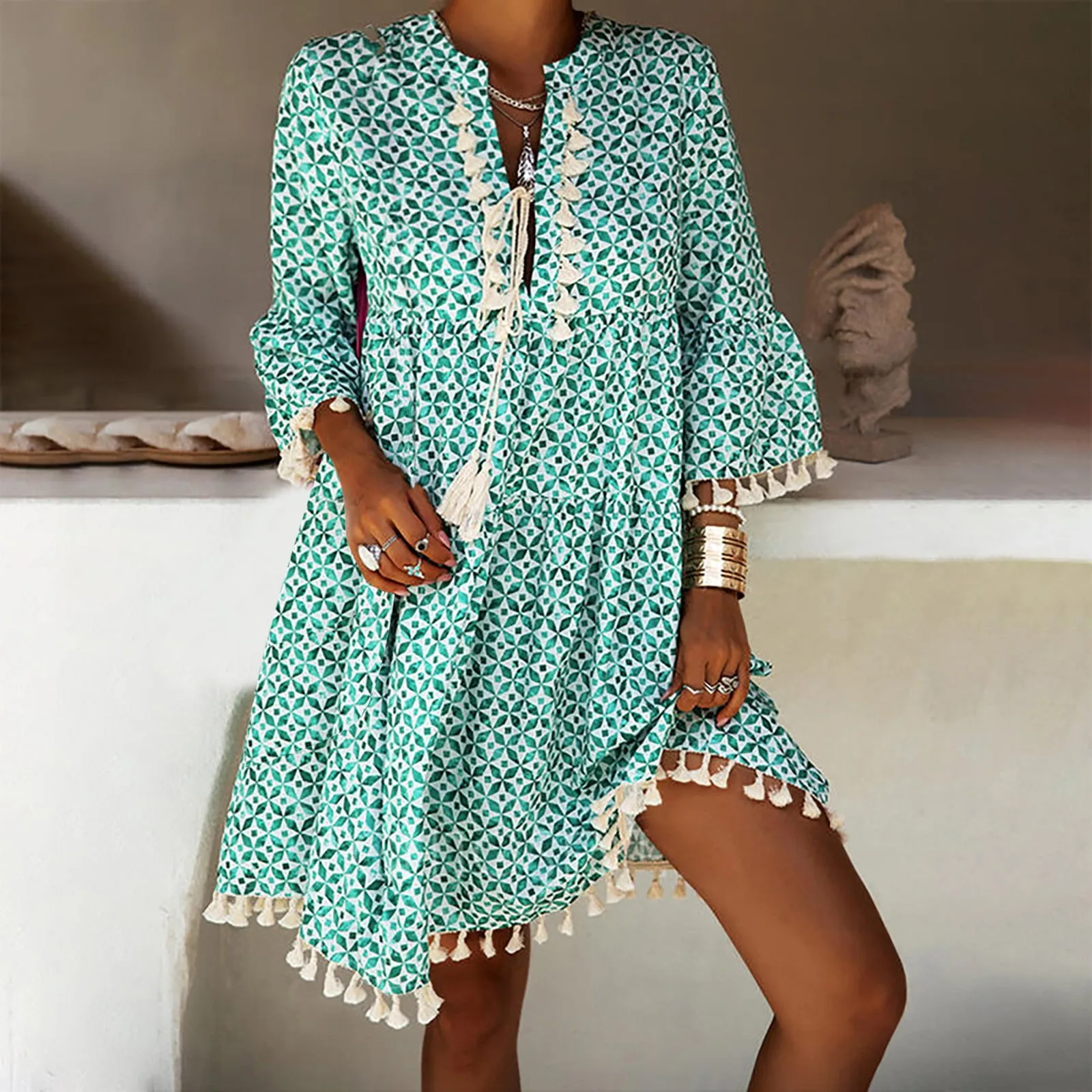 

Vintage Print Women V Neck Tassel Mini Dress Casual Loose Three Quarter Sleeve Beach Dress 2024 Spring Summer Party Dress Female