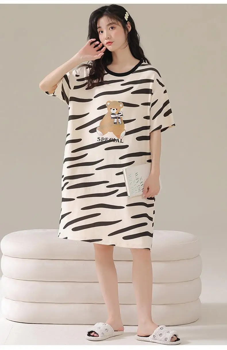 Large Size Women Nightgown Cute Casual Cartoon Bear Mid-Length School Pyjamas Easy to Wash Girl Striped Homewear One-Piece-Dress Large Size Women Nightgown Cute Casual Cartoon Bear Mid-Length School Pyjamas Easy to Wash Girl Striped Homewear One-Piece-Dress