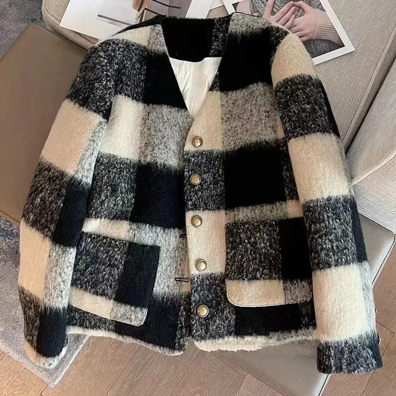 

UNXX Plaid Down Jacket Women Short 2023 Winter New Fashion Slimming Thickened Suit Woolen Short Coat Female Office Lady Top New