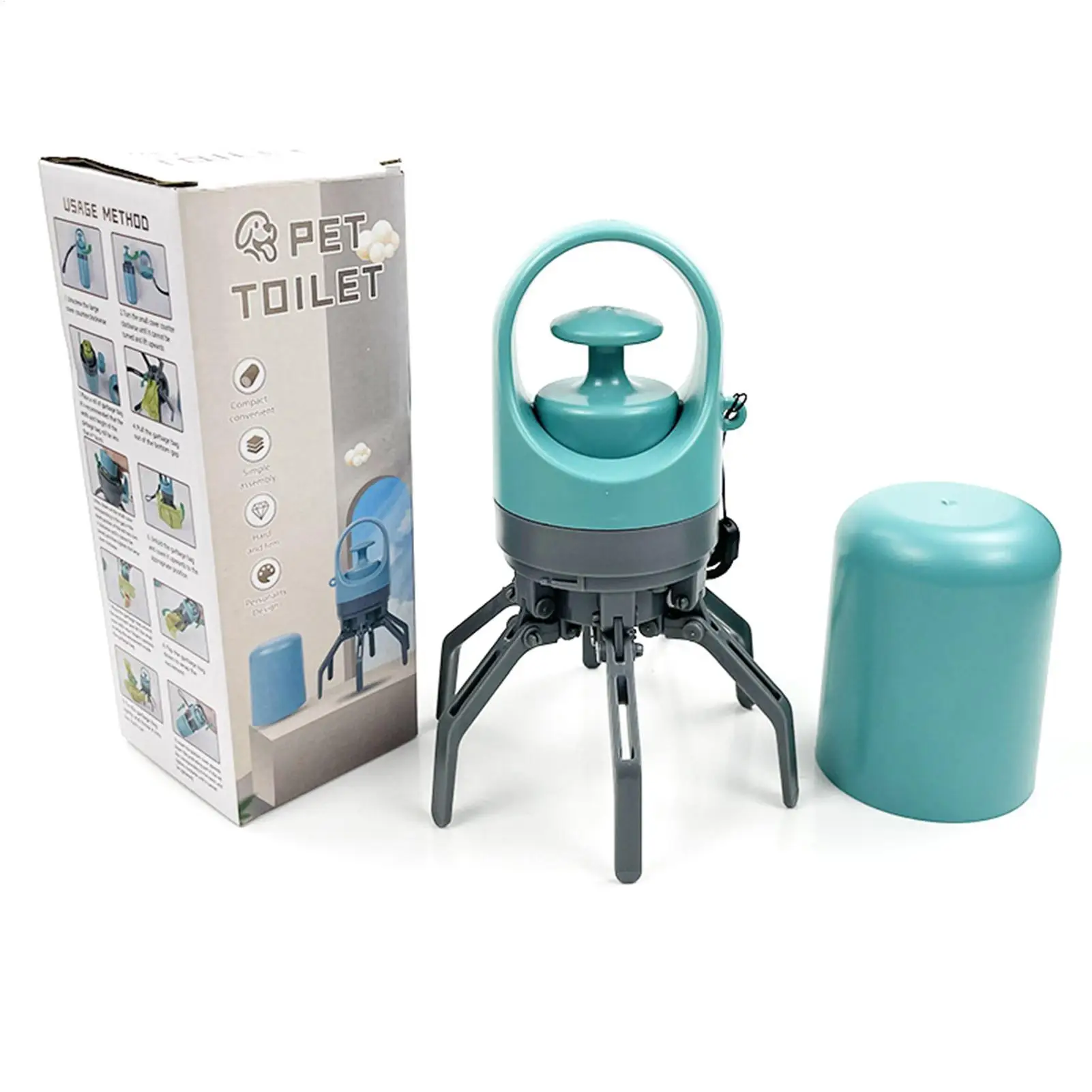 Dog Poop Scooper | Dog Waste Picker The teal "Pet Toilet" scooper standing next to its retail packaging. The box features illustrations of how to use the device and bullet points highlighting its "compact" and "simple assembly" design.
