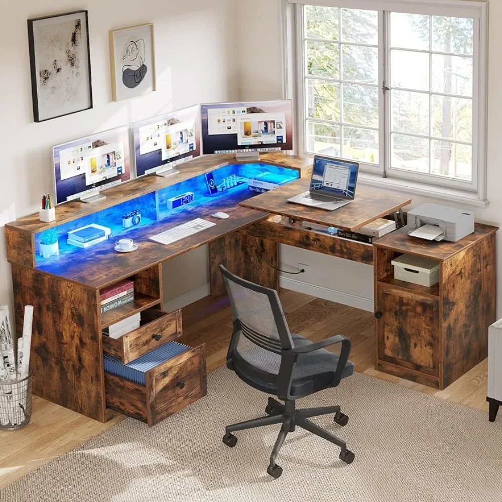 

60” Corner Computer Desk With Drawers & Lift Top L Shaped Desk With Power Outlets & LED Lights Reading Table Freight free