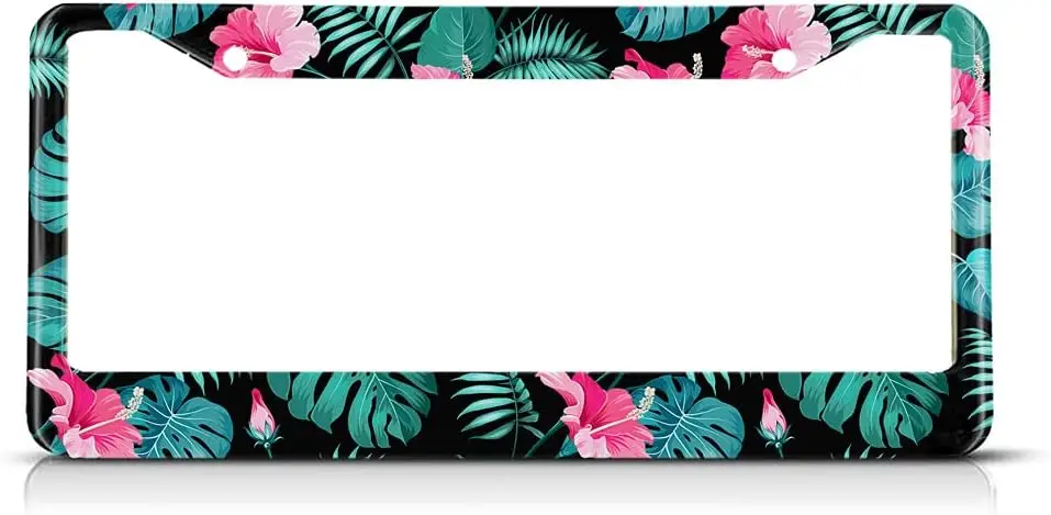

Hawaiian Flower Palm Hibiscus License Plate Frame Tropical License Plate Frame Leaves License Plate Cover Car Tag Holder 12x6in