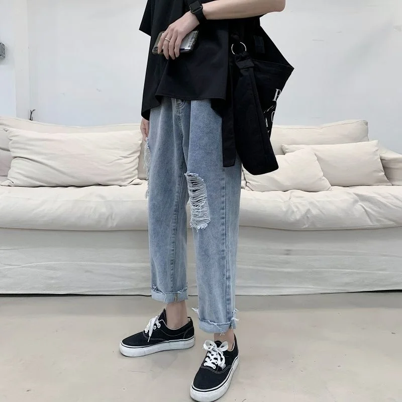 Loose Raw Edge Ripped Jeans Straight 9-points All-match Pants Thin Fashion Hiphop Street Washed Blue Denim Beggar Pants Summer 
Loose Raw Edge Ripped Jeans Straight 9-points All-match Pants Thin Fashion Hiphop Street Washed Blue Denim Beggar Pants Summer