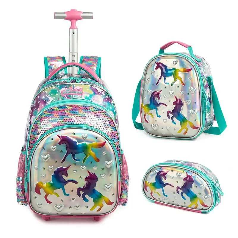 

Children's School Backpack with Wheels School Bag for Elementary Student Girls Sequin Backpack Travel Luggage Trolley Bags