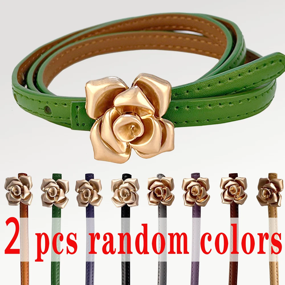 

2pcs Random Colors 1cm Thin Women Belt Flower Waistband Cowhide Split Leather Metal Buckle Heart Pin Ladies Dress Jeans Belt