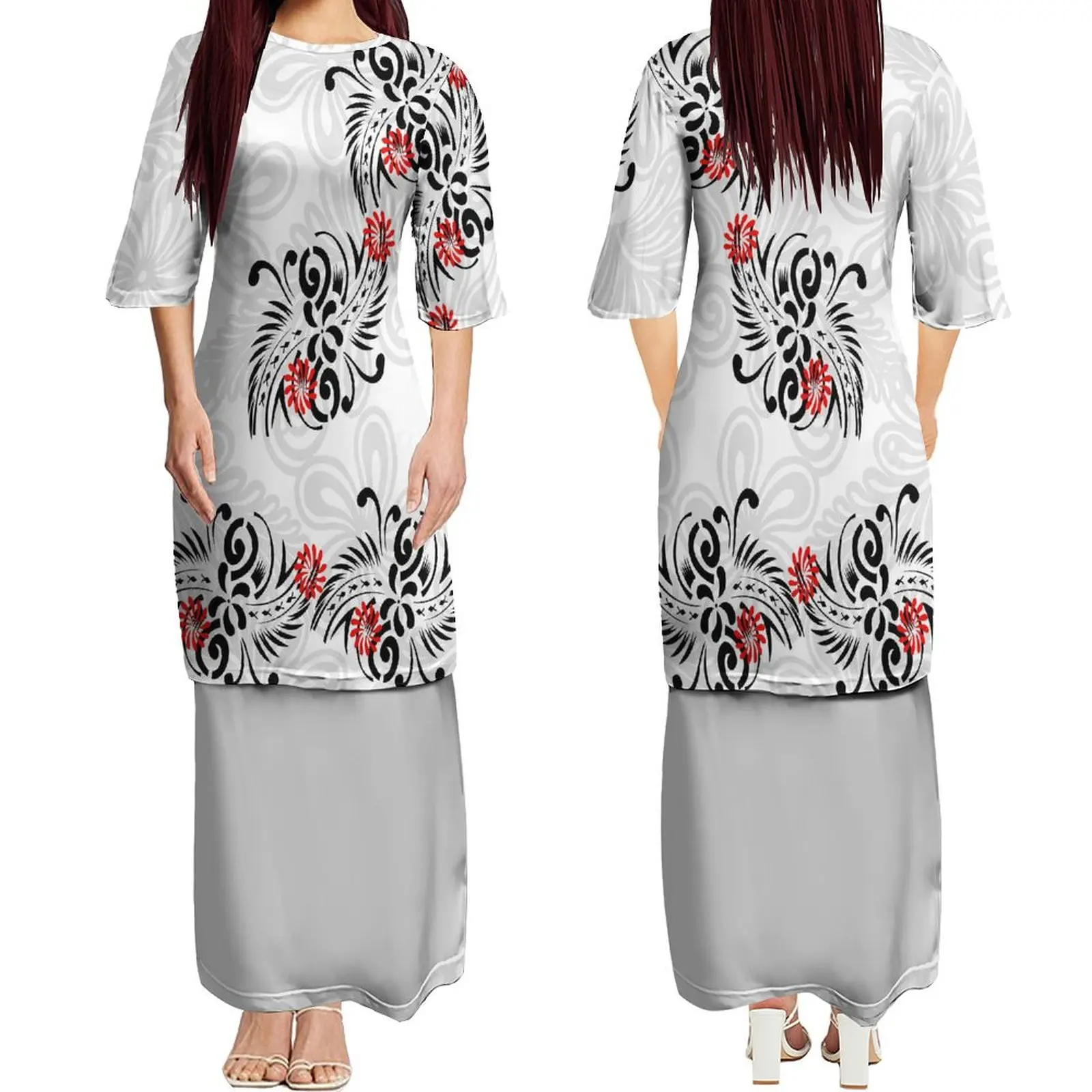 

2024 Fashion White Women'S Half-Sleeve Dress Puletasi National Dress Samoa Polynesian Dress Set Custom