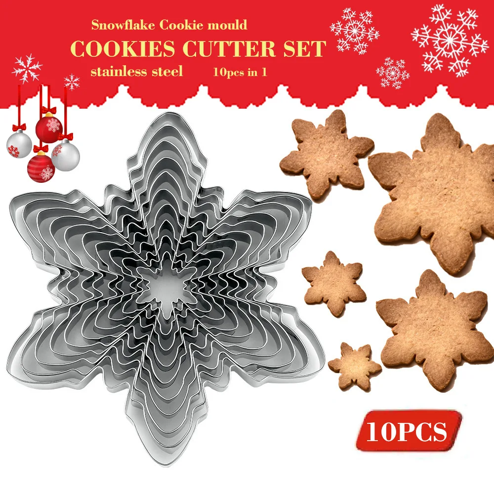 

10Pcs/set Xmas Snowflake Shape Cookie Cutters Stainless Steel Snow Form Biscuit Mold DIY Fondant Chocolate Cake Decorating Tools