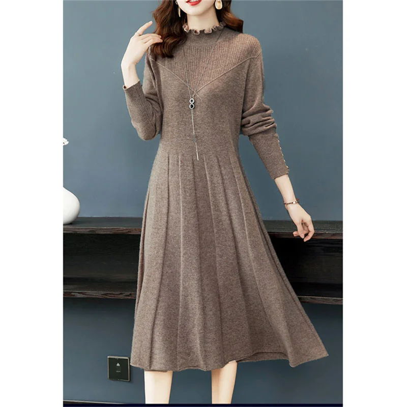 

Autumn Winter New Woolen Dress Women's Long Pullover Half High Collar Loose Over Knee Dress Elegant Knitwear Bottom Sweater Dres