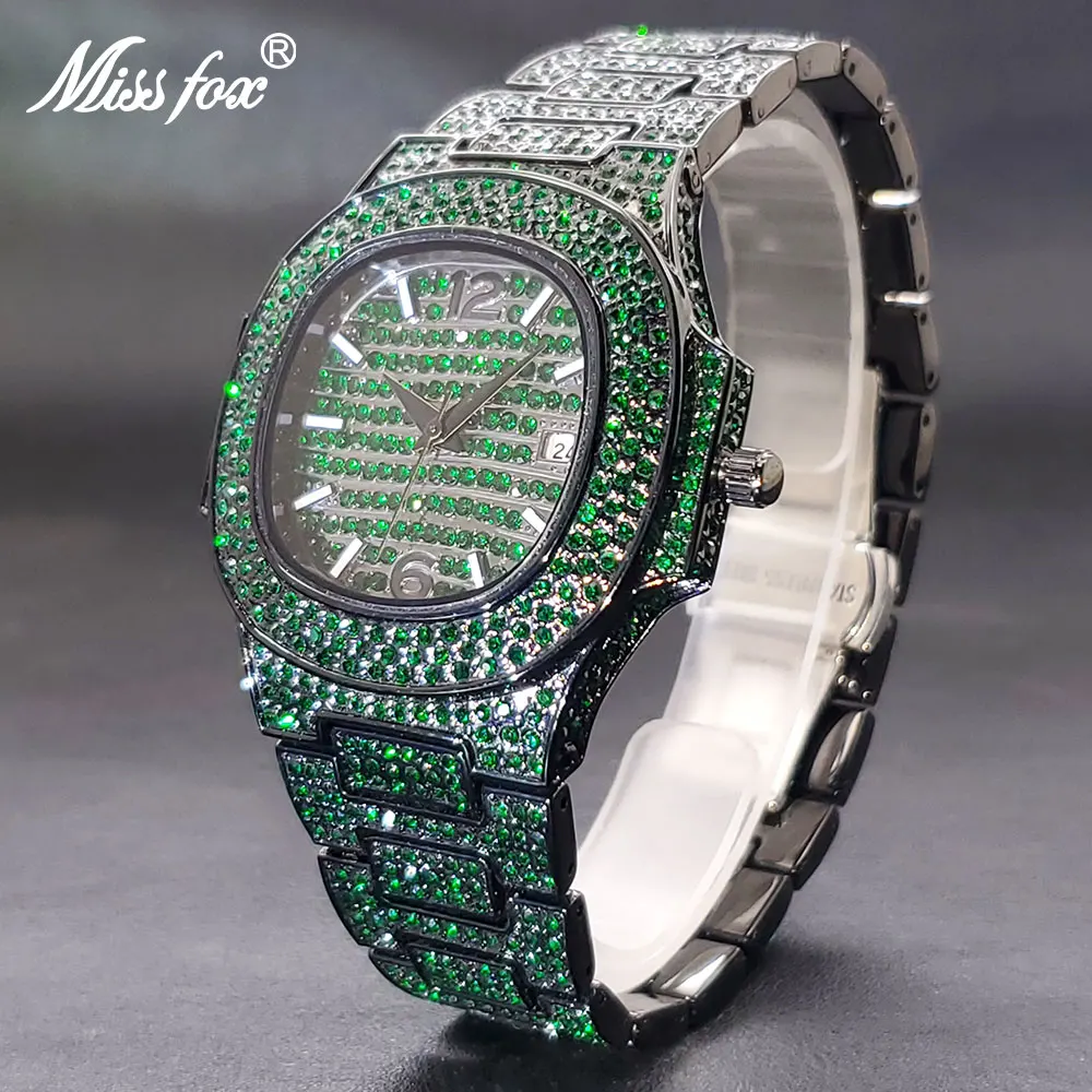 

Green Watches For Men Full Diamond Iced Out Auto Date 3atm Waterproof Timepieces Square Blue Purple Watch For Man Dropshipping