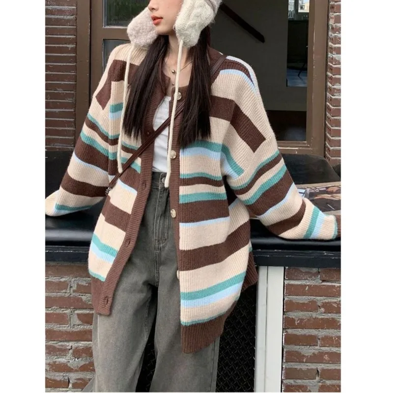 Korean Version New Lazy Stripe Retro Contrast Rainbow Knitted Cardigan Sweater Coat Women
Korean Version New Lazy Stripe Retro Contrast Rainbow Knitted Cardigan Sweater Coat Women