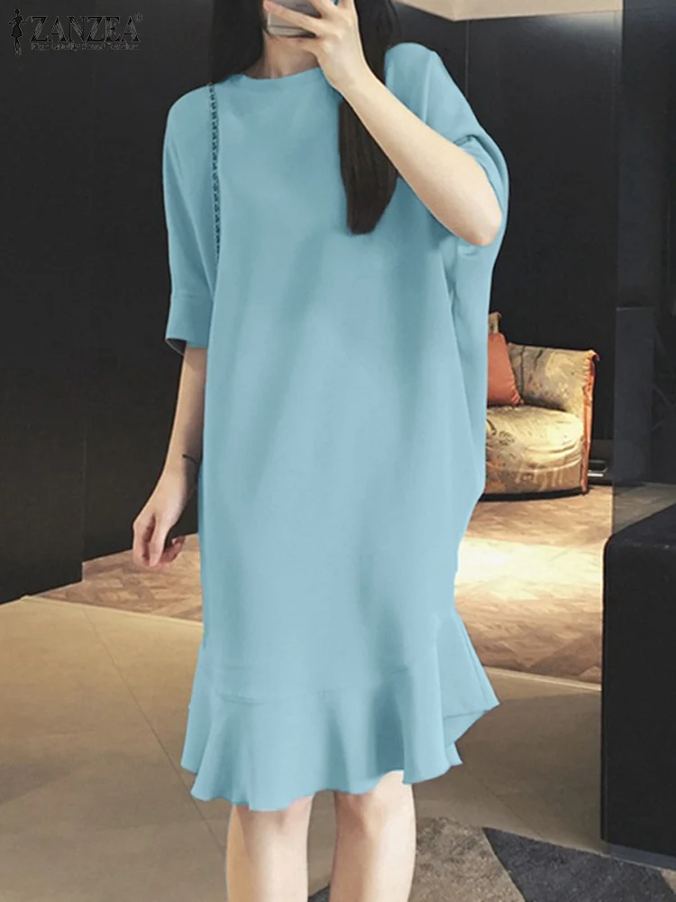 

Korean Fashion Dolman Sleeve Dresses ZANZEA Women Casual Round Neck Loose Vestidos Autumn Solid Ruffles Hem Knee-length Dress