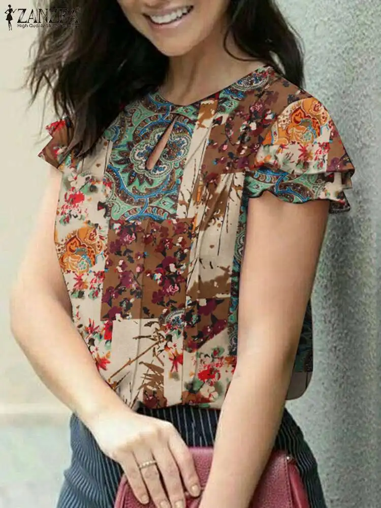 

Summer Short Sleeve Work Shirt Women Vintage Floral Printed Blouse ZANZEA Bohemian Party Holiday Blusas Casual Loose Tunic Tops