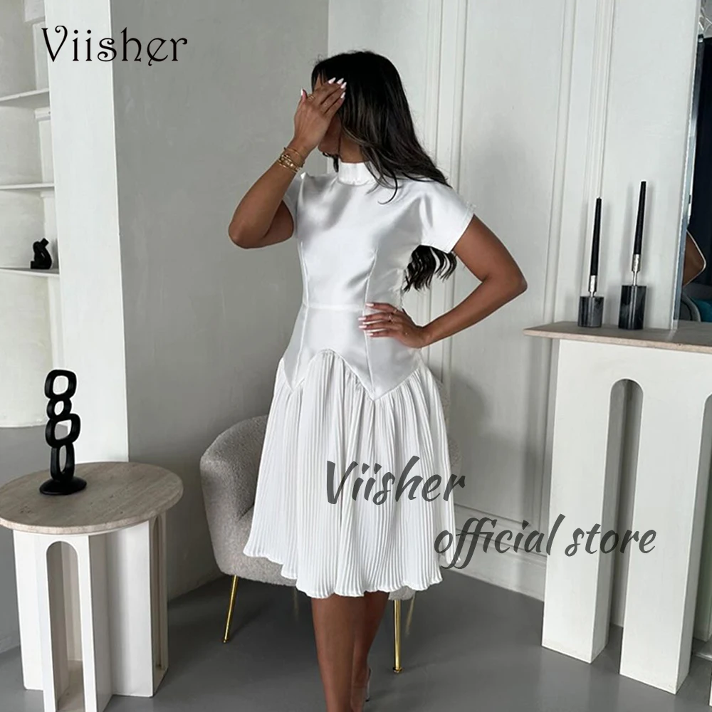 

Viisher White Mermaid Evening Dresses Short Sleeve High Neck Wedding Guest Dress Knee Length Arabian Dubai Formal Prom Dress