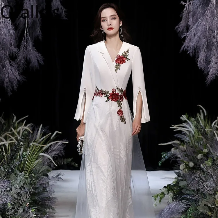 Ofallsis White V neck Embroidery Evening Dress Light Luxury 2024 Spring Elegant Banquet Temperament Host Long Sleeved Dresses 
Ofallsis White V neck Embroidery Evening Dress Light Luxury 2024 Spring Elegant Banquet Temperament Host Long Sleeved Dresses