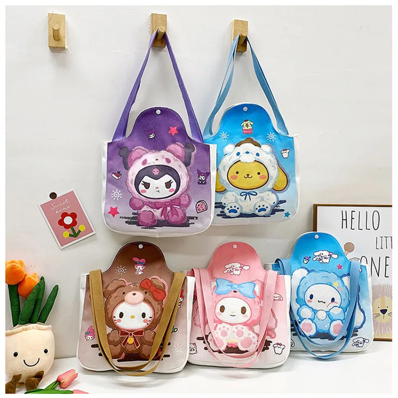 

Kawaii Sanrio Kids Canvas Bag Hellokittys Cinnamoroll Mymelody Kuromi Cute Anime Crossbody Bag Portable Shoulder Bag Storage Bag