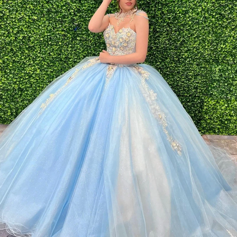 

Sky Blue Princess Sweet 16 Quinceanera Dresses Off Shoulder Applique Lace Beaded Tull Corset vestido para debutante de 15 anos