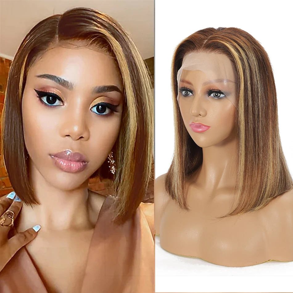 

180% Density Brazilian Highlight Straight Short Bob Wig 13x4 Transparent Lace Frontal Human Hair Wigs For Women P4/27 Color