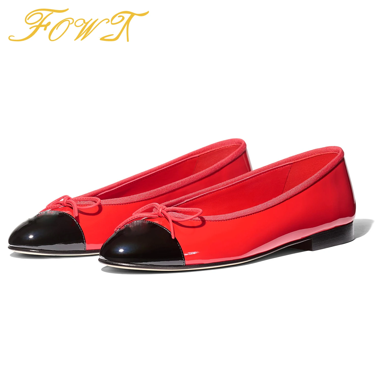 

Red Butterfly-Knot Two Color Splice Women's Ballet Flats Black Round Toe Casual Classic Ladies Shoes Slip On Big Size 42 43 FOWT