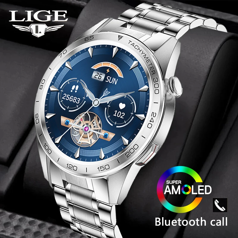 

LIGE Steel Smart Watch Men AMOLED Bluetooth Call Smartwatch Blood Pressure Heart Rate Fitness Tracker Watches For Android iOS