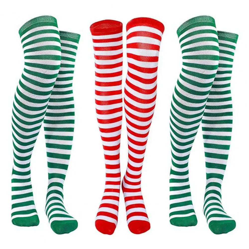 

Women Party Stockings 3 Pairs Green White Striped Stockings with High Elasticity for Holiday Christmas Stage Performance Party