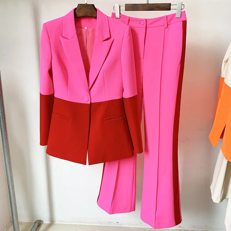High Street Women Elegant Pants Suits Pink Red Patchwork Color Blazer Trousers 2-Piece Set Single Button Fashion Occupation Suit
High Street Women Elegant Pants Suits Pink Red Patchwork Color Blazer Trousers 2-Piece Set Single Button Fashion Occupation Suit