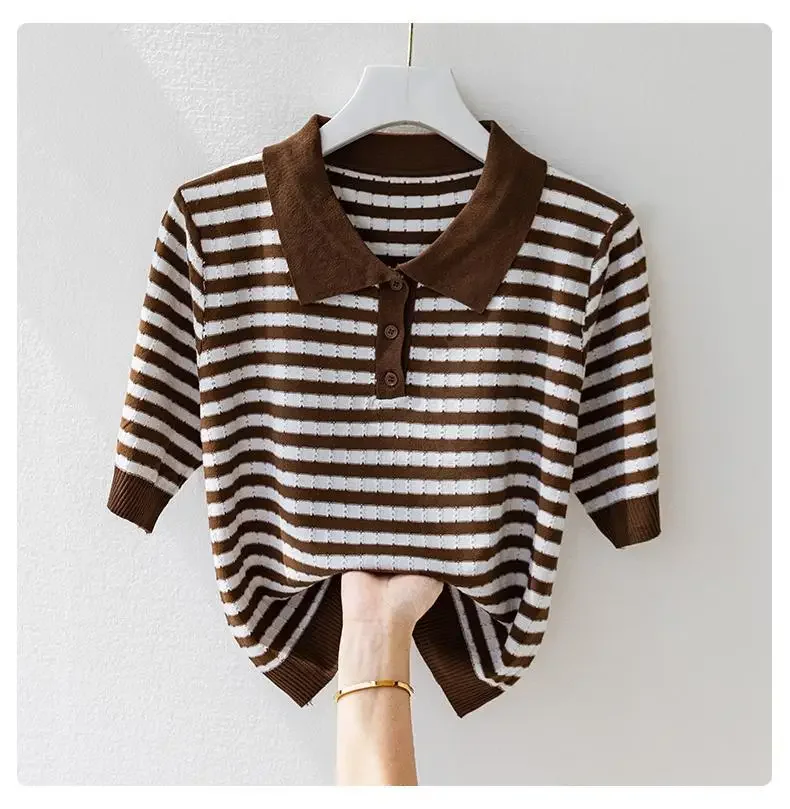 Fashion Women Short Sleeve Striped Knitted Polo Shirts Spring Summer All-match Tees Female Clothing New Pullover Bottoming Tops 34 S7743014daae54c04b03402cc77371954T