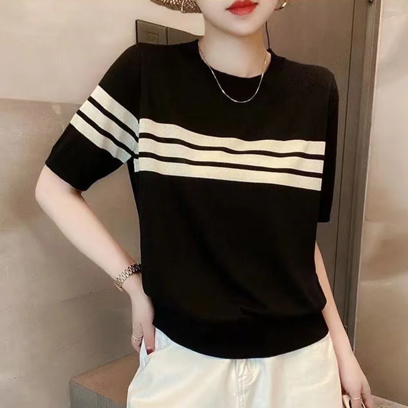 

Women's Summer Simple Crew Neck Knitted T-shirt Girly Stripe Contrast Color Casual Tops Striped Fashion Chic Ladies Jumpers Tees