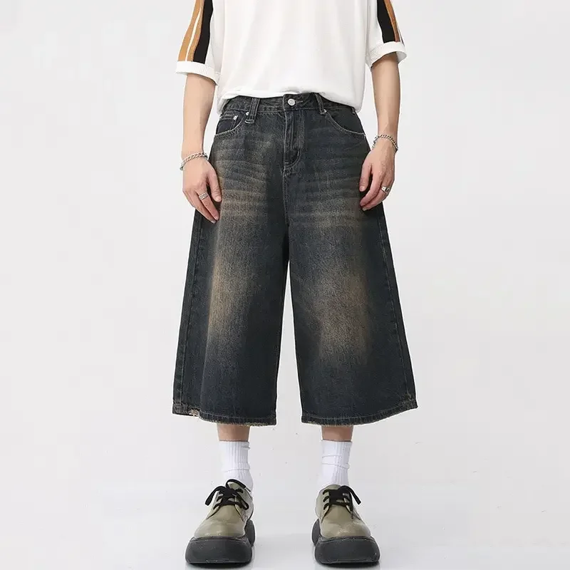 

Шорты Y2K мужские джинсовые в стиле Харадзюку, винтажные бриджи из денима с широкими штанинами, короткие брюки, бермуды, джинсовые шорты, одежда для Алта
