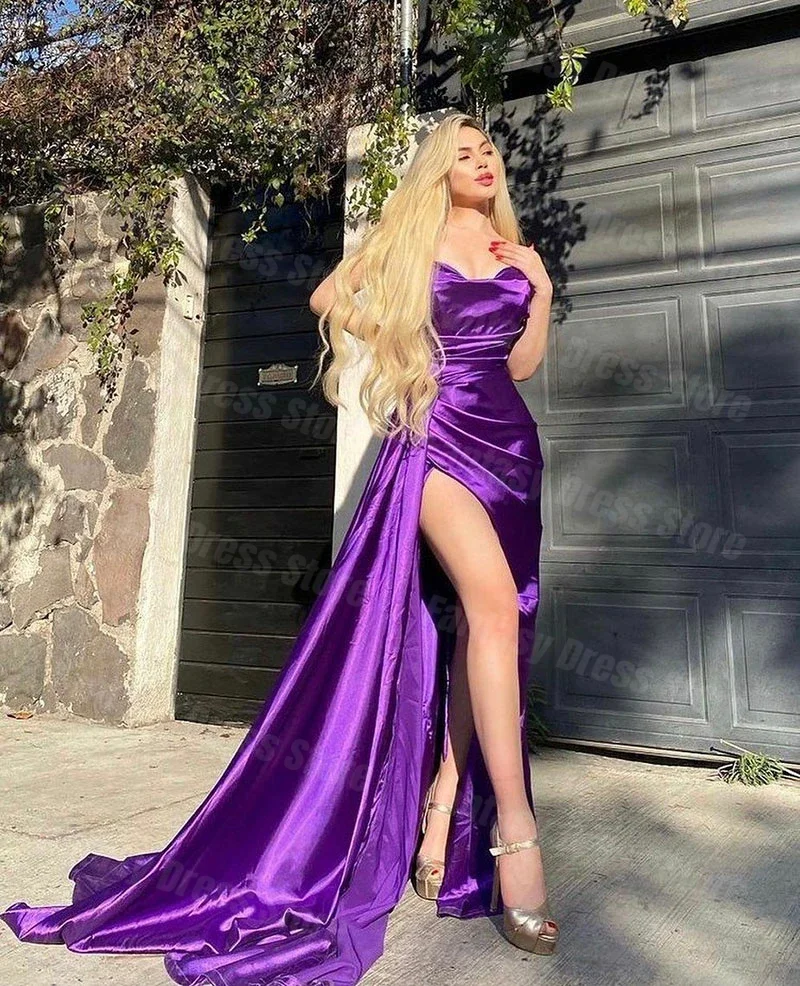 Charming Dubai Arabic Purple Satin Prom Dresses V-neck Sleeveless Pleated Side Split Evening Dress Custom Made Vesidos de noche
Charming Dubai Arabic Purple Satin Prom Dresses V-neck Sleeveless Pleated Side Split Evening Dress Custom Made Vesidos de noche