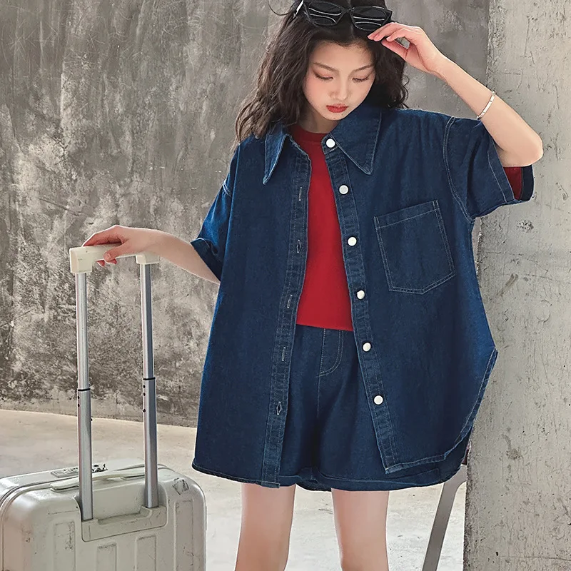 

2024 Korean Summer Junior Girl Denim Clothing Set Teenager Girl Single-breasted Short Sleeve Shirt+Shorts Students Clothes Sets