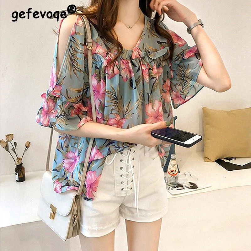 

Women Sexy Off Shoulder Ruffled Lace Up Floral Print Blouse Summer Casual V Neck Short Sleeve Shirt Trendy Chic Loose Top Female
