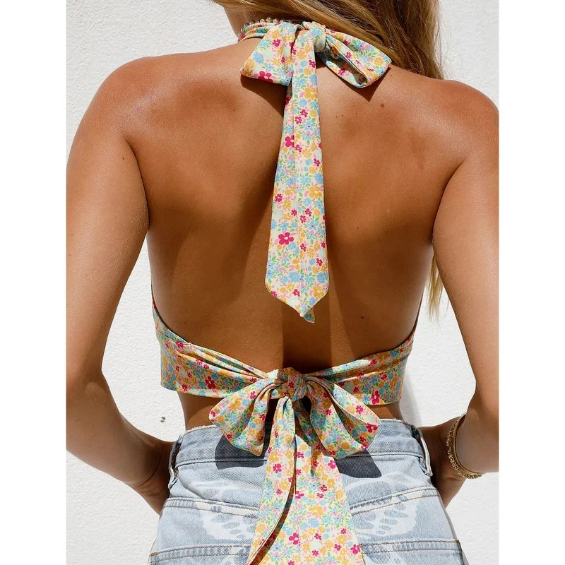 

2021 New Floral Print Sleeveless Camisole Y2k Bandage Crop Top Summer Fashion Casual Sexy Ladies Halter Vest Women Bohemian