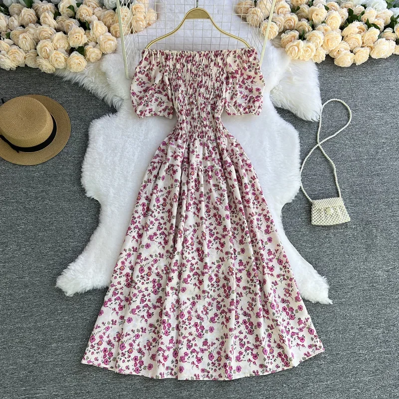 

Summer New Beach Vacation Style Women Dress Sexy One Line Neck Bubble Sleeves Mid Length Fragmented Female Beach Dresses