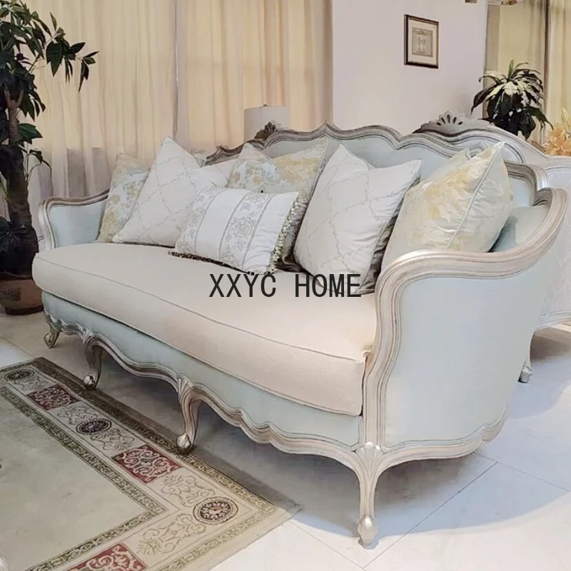 

American Fabric Sofa French New Classical Living Room High-End Solid Wood Beech Carved Champagne Furniture