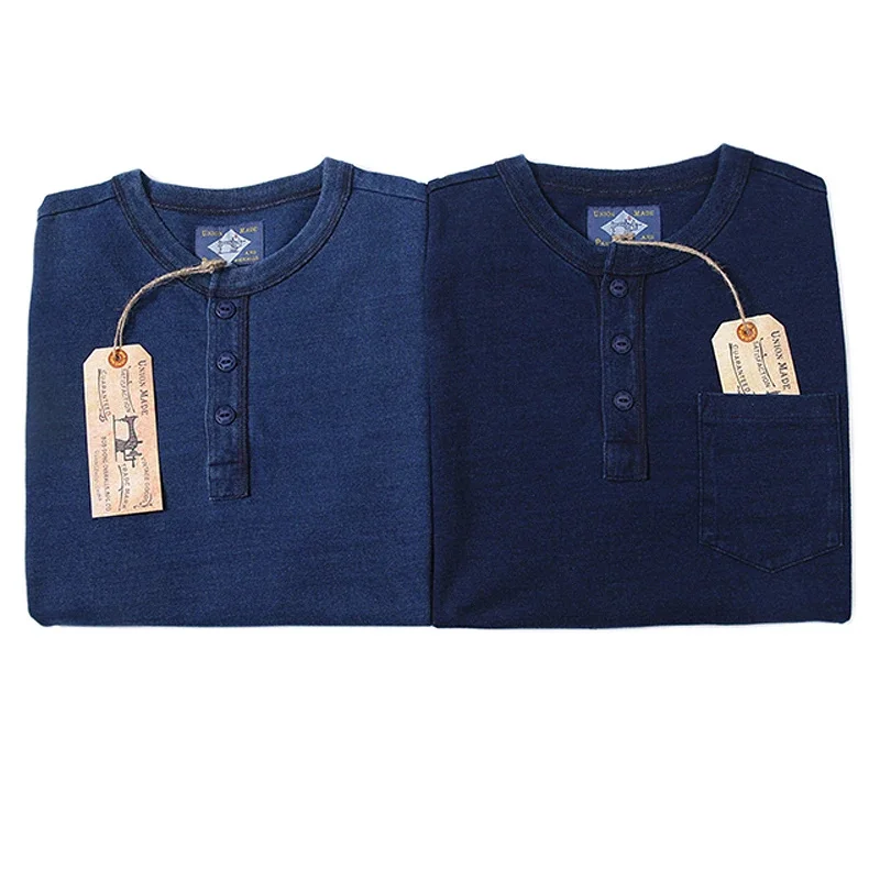 

BOB DONG Indigo Henley Plain T-Shirts Vintage Short Sleeve Men's Pocket Tee