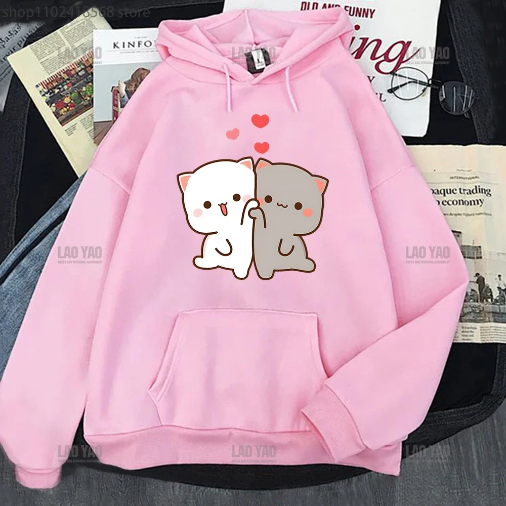 

Kawaii Sweatshirts Women Cartoon Tops Harajuku Aesthetic Clothes New Mochi Peach and Goma Cute Cat Hoodies Girl Tops