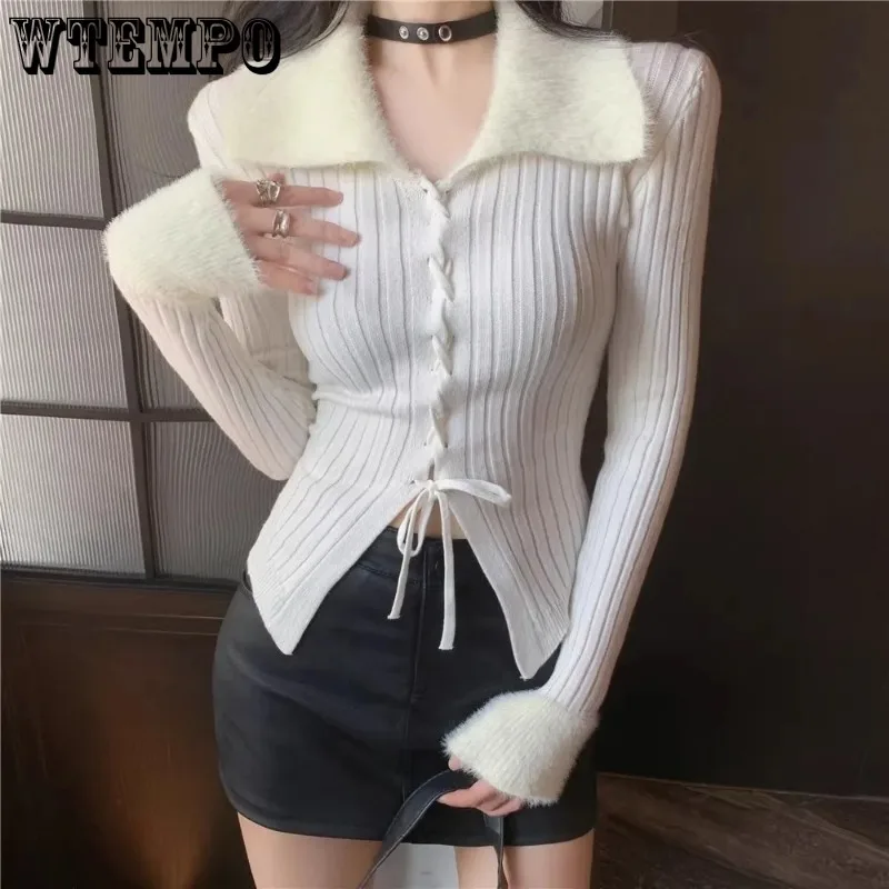 Плюшевый вязаный кардиган с воротником с лацканами, привлекательный тонкий женский вязаный кардиган на шнуровке, топ с коротким рукавом, корейская мода, весна-осень 
Плюшевый вязаный кардиган с воротником с лацканами, привлекательный тонкий женский вязаный кардиган на шнуровке, топ с коротким рукавом, корейская мода, весна-осень