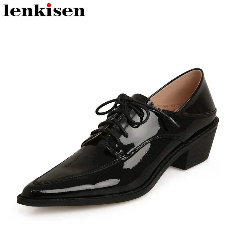 

Lenkisen New Cow Split Leather Pointed Toe Med Heels Spring Brand Shoes Sewing Thread Work Office Lady Mature Brand Women Pumps