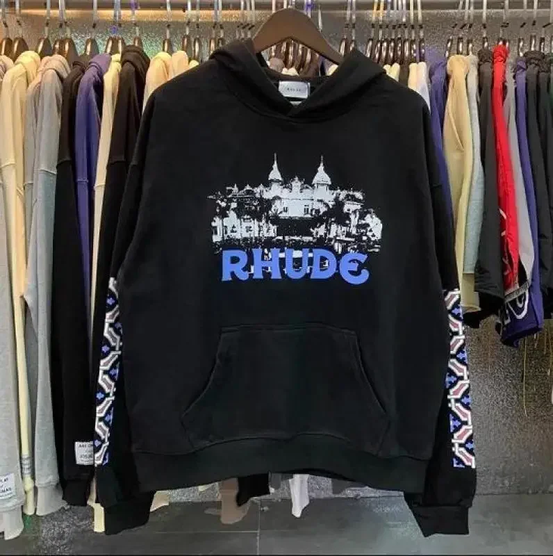 

New Vintage Black RHUDE Hoodie For Men Women Oversize Pullovers Sweatshirts