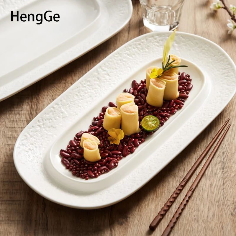 

Creative Stone Pattern Relief Long Plate French Cuisine Artistic Conception Dishes Ceramic Plates Dessert Dish Hotel Tableware