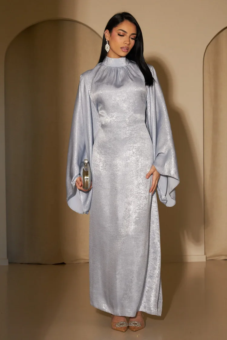 

Shimmer Abaya Party Long Dress Flare Sleeve Islamic Clothing for Women Muslim Dubai Modest Belted Hijab Robe Evening Dresses