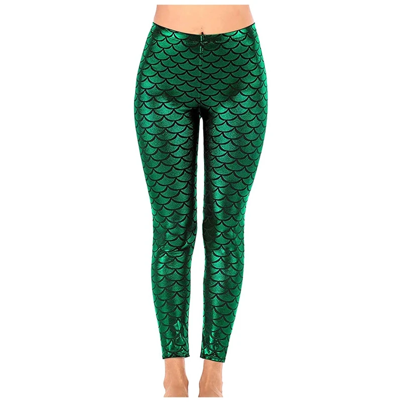 

Women's Mermaid Legging In Shiny Green Fish Scale Design High Waisted Stretch Pants For Casual And Party Wear