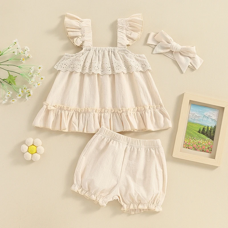 Baby Girls Shorts Outfits Solid Color Fly Sleeveless Ruffled Cami Tops with Shorts and Headband 2 Pieces Set for 0-3 Years
Baby Girls Shorts Outfits Solid Color Fly Sleeveless Ruffled Cami Tops with Shorts and Headband 2 Pieces Set for 0-3 Years