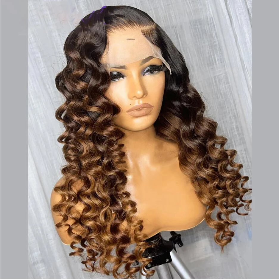 

Preplucked Glueless Ombre Blonde Brown Soft 26Inch Long Curly 180Density Deep Wave Lace Front Wig For Black Women Babyhair Daily