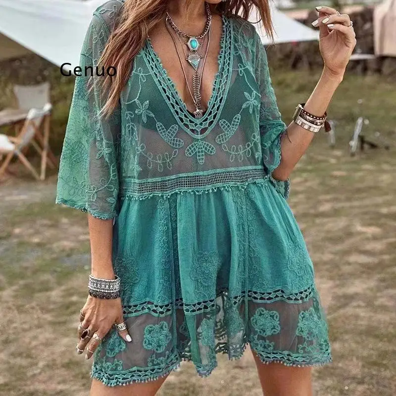 

Swimsuits Woman 2022 Sexy Beach Cover Up V-neck Women Beach Tunic Dress Sarong Bikini Cover Up Crochet Top For Women Beachwear